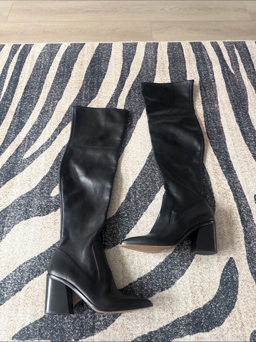 Over-the-Knee Black Leather Block Heel Boots